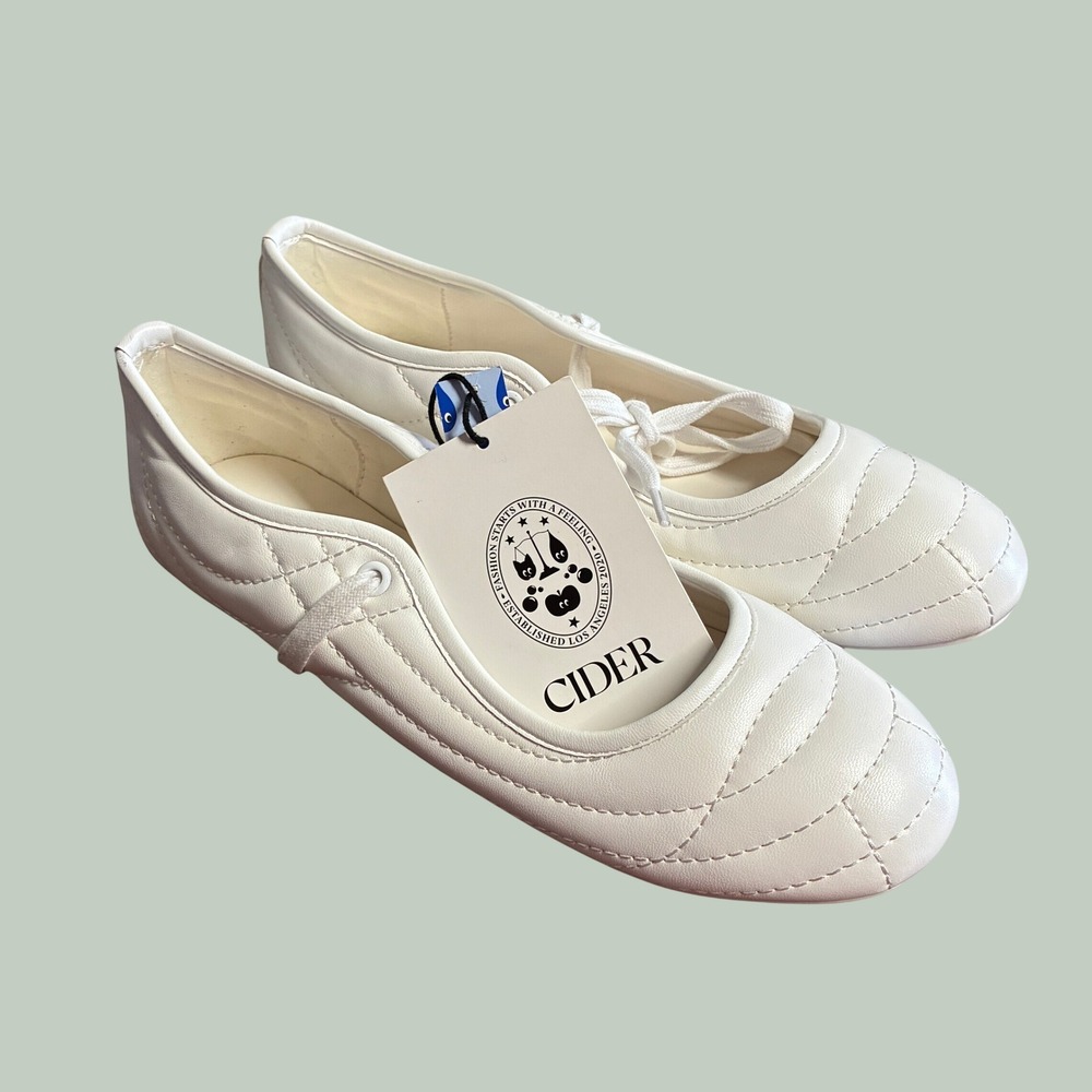 CIDER Quilted Topstitching Lace-Up Ballet Flats Size EU 39 US 9 White